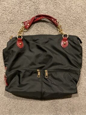 Tiffany & Fred Black Nylon and Red Patent Leather Gold Chain Shoulder Purse